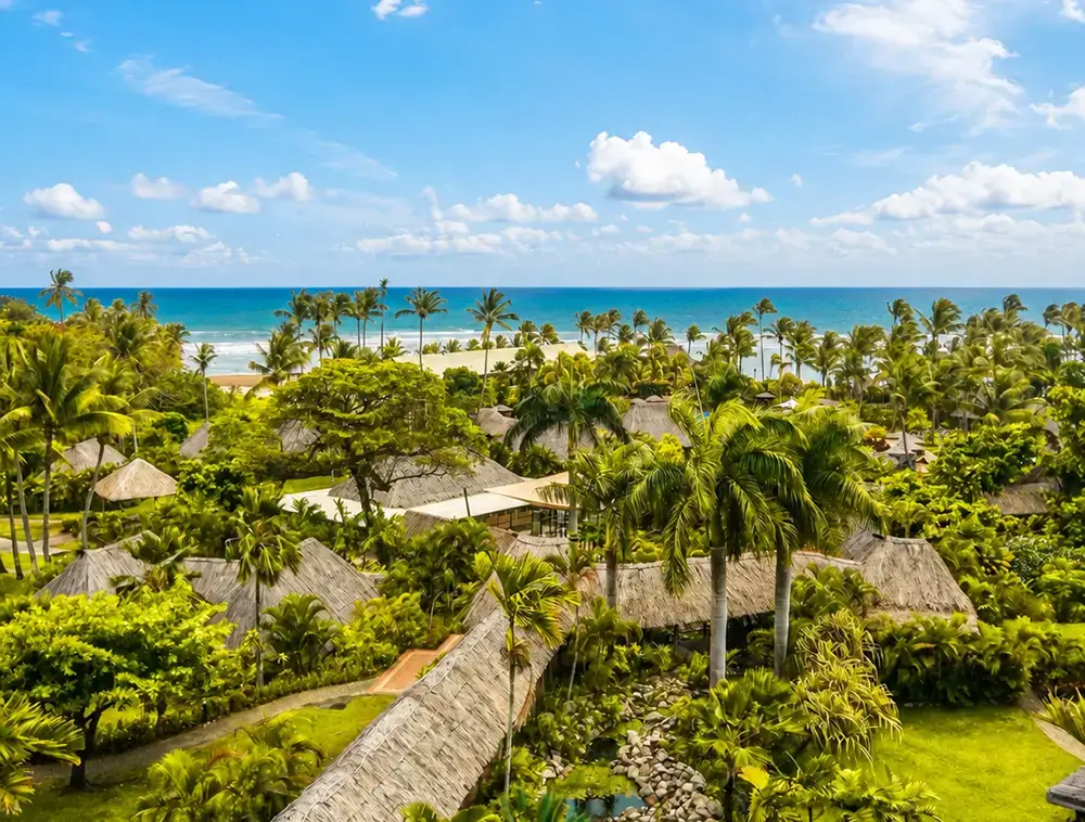 fiji_houses_palms_beach A tropical resort with thatched-roof buildings surrounded by palm trees and lush greenery near a sandy beach and blue ocean under a partly cloudy sky.